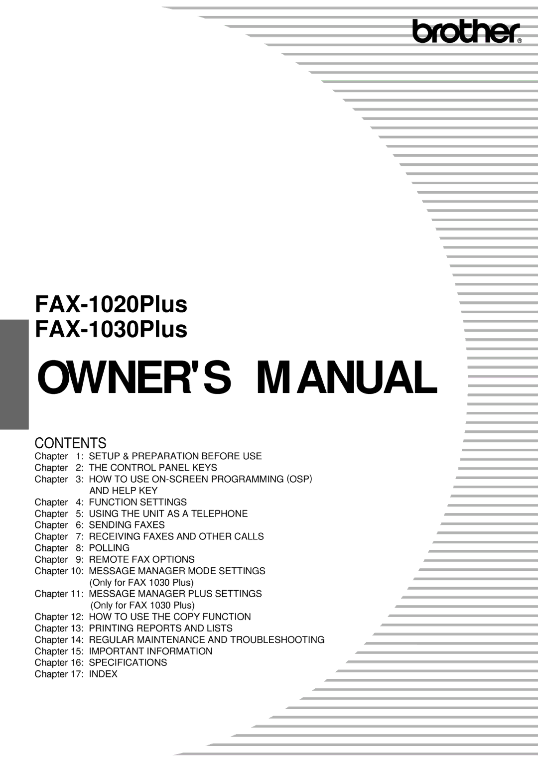 Brother Fax-1020Plus owner manual FAX-1020Plus FAX-1030Plus 