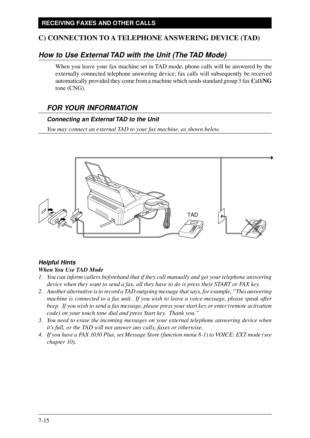 Brother Fax-1020Plus How to Use External TAD with the Unit The TAD Mode, Connecting an External TAD to the Unit 