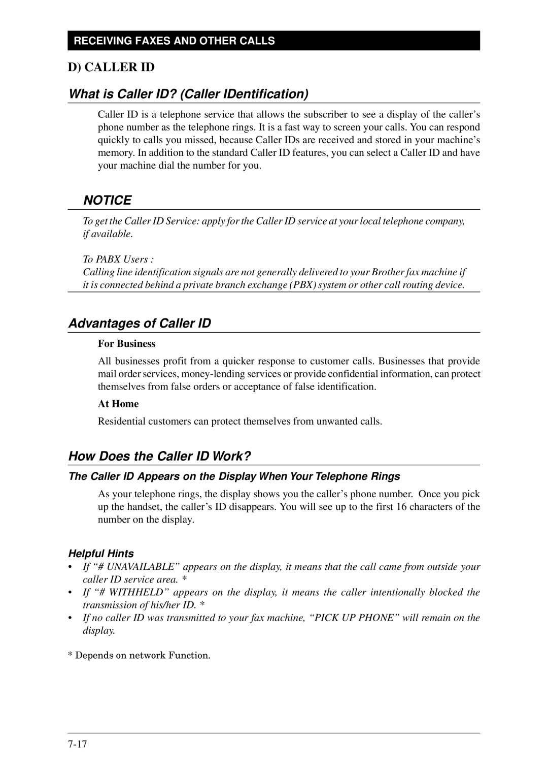 Brother Fax-1020Plus What is Caller ID? Caller IDentification, Advantages of Caller ID, How Does the Caller ID Work? 