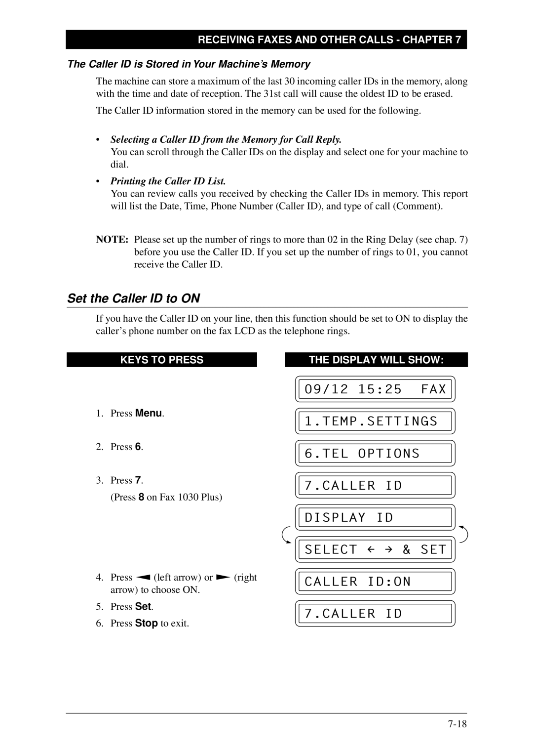 Brother FAX-1030Plus, Fax-1020Plus owner manual Set the Caller ID to on, Caller ID is Stored in Your Machine’s Memory 