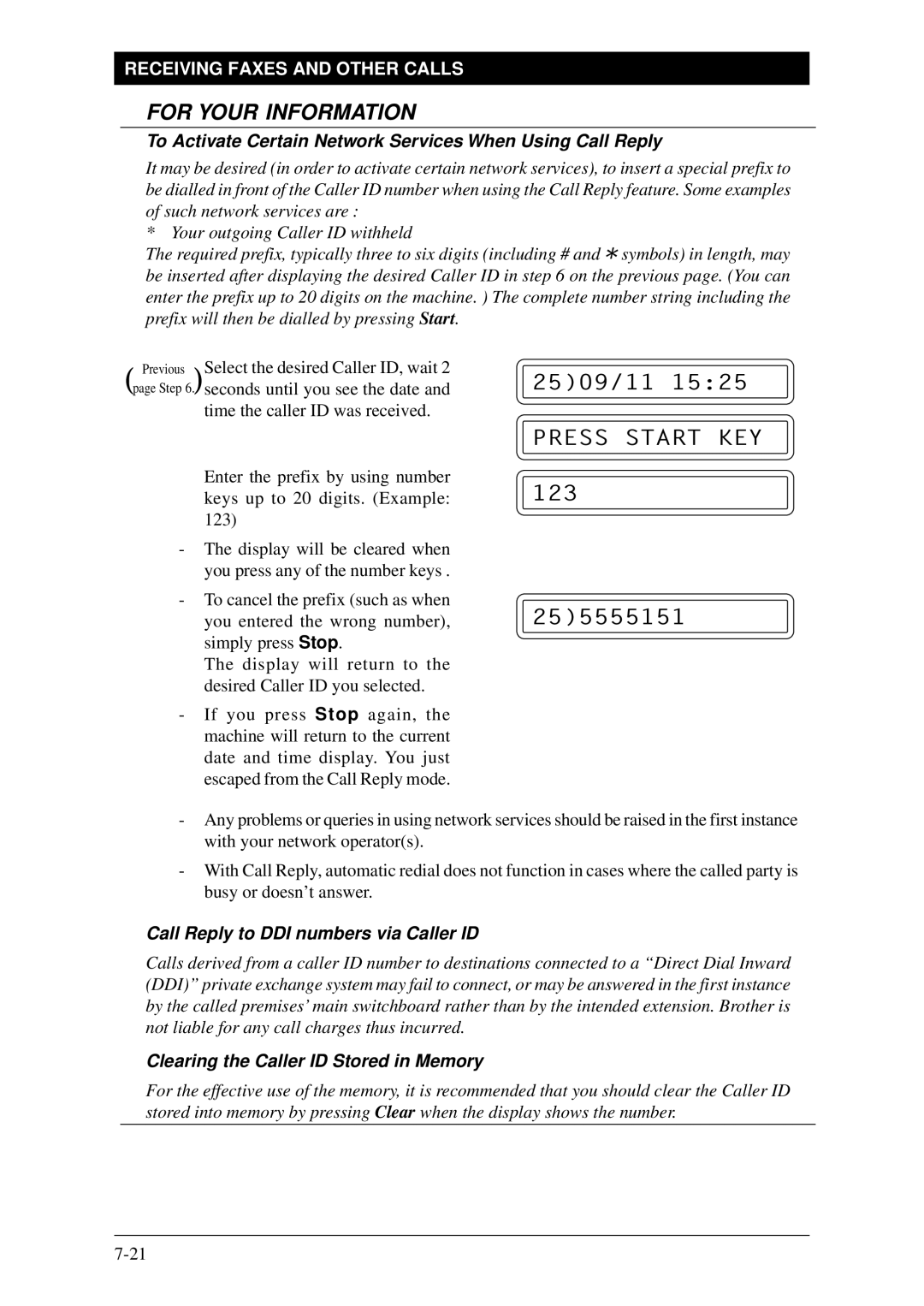 Brother Fax-1020Plus To Activate Certain Network Services When Using Call Reply, Call Reply to DDI numbers via Caller ID 