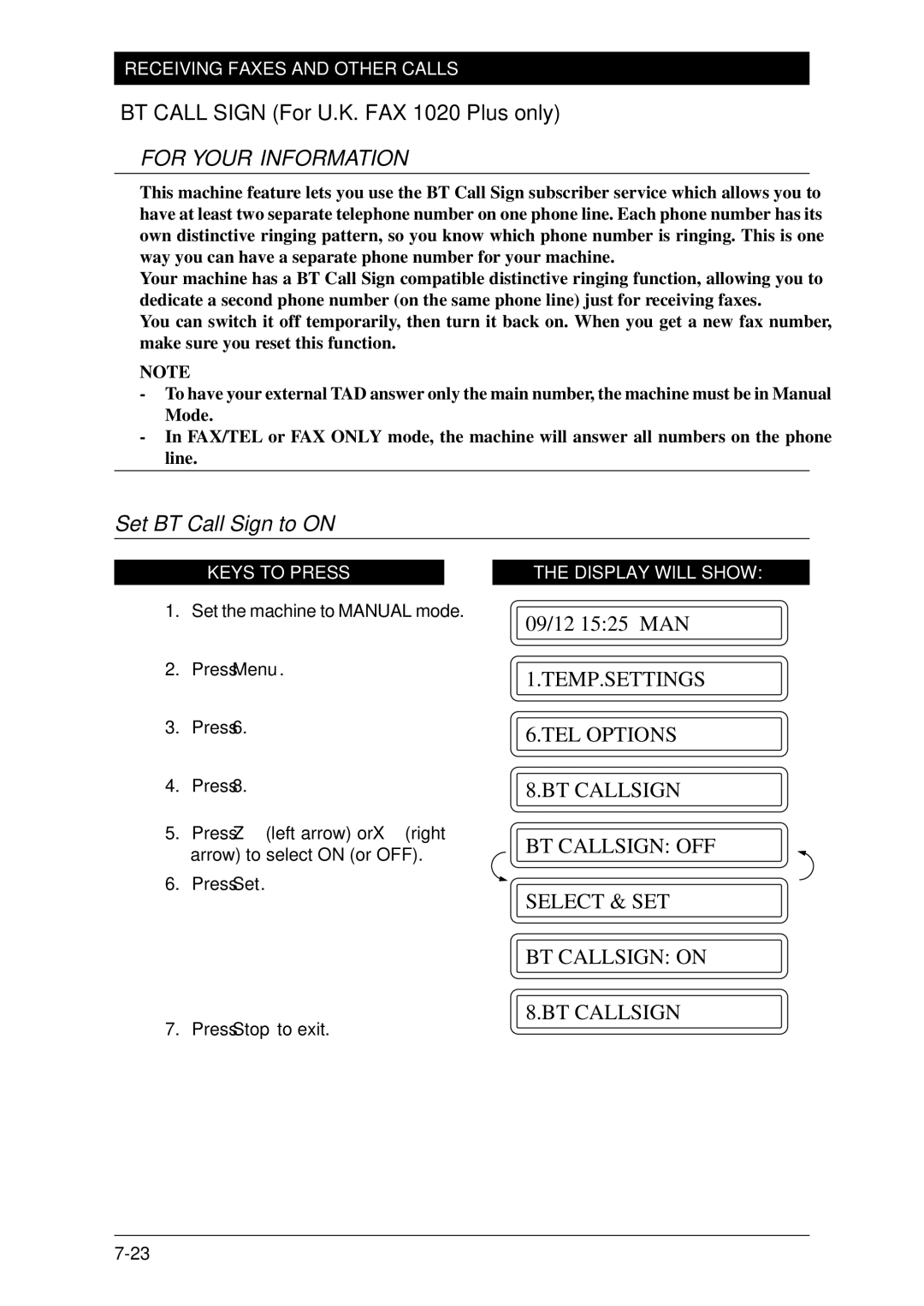 Brother Fax-1020Plus, FAX-1030Plus owner manual Set BT Call Sign to on 