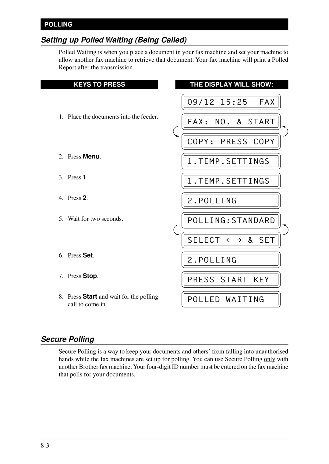 Brother Fax-1020Plus Setting up Polled Waiting Being Called, Secure Polling, Polling Press Start KEY Polled Waiting 