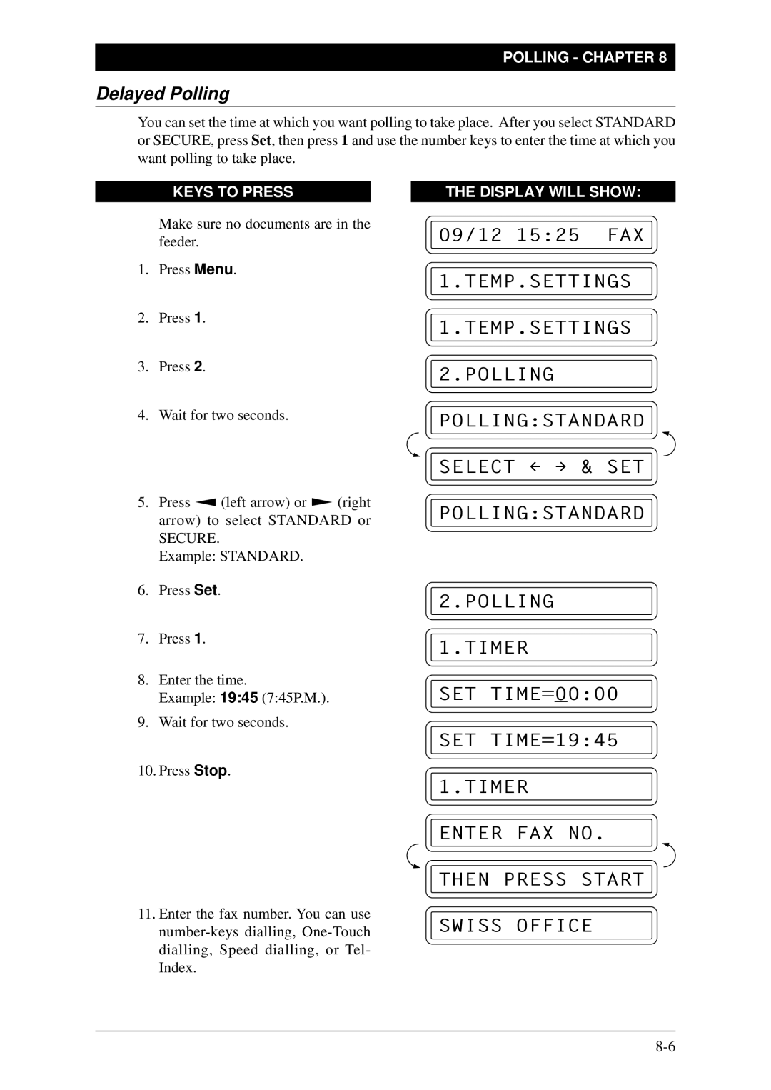 Brother FAX-1030Plus, Fax-1020Plus Delayed Polling, TEMP.SETTINGS Polling Pollingstandard Select & SET, Polling Timer 