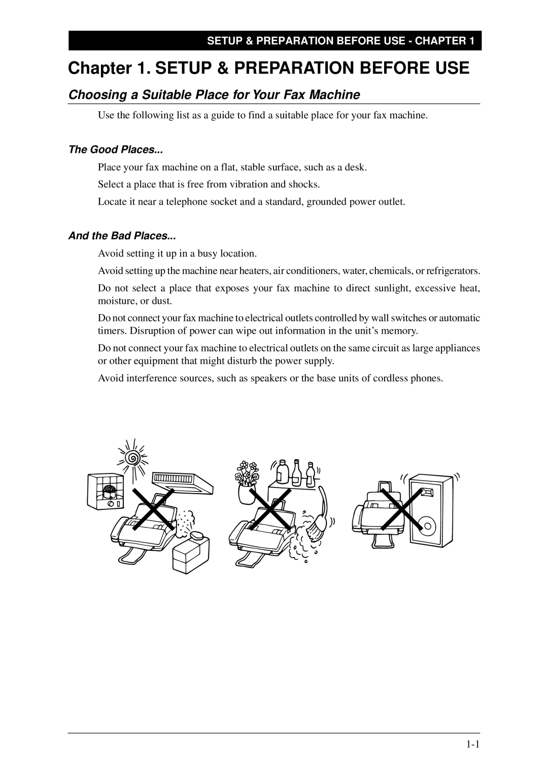 Brother FAX-1030Plus Setup & Preparation Before USE, Choosing a Suitable Place for Your Fax Machine, Good Places 