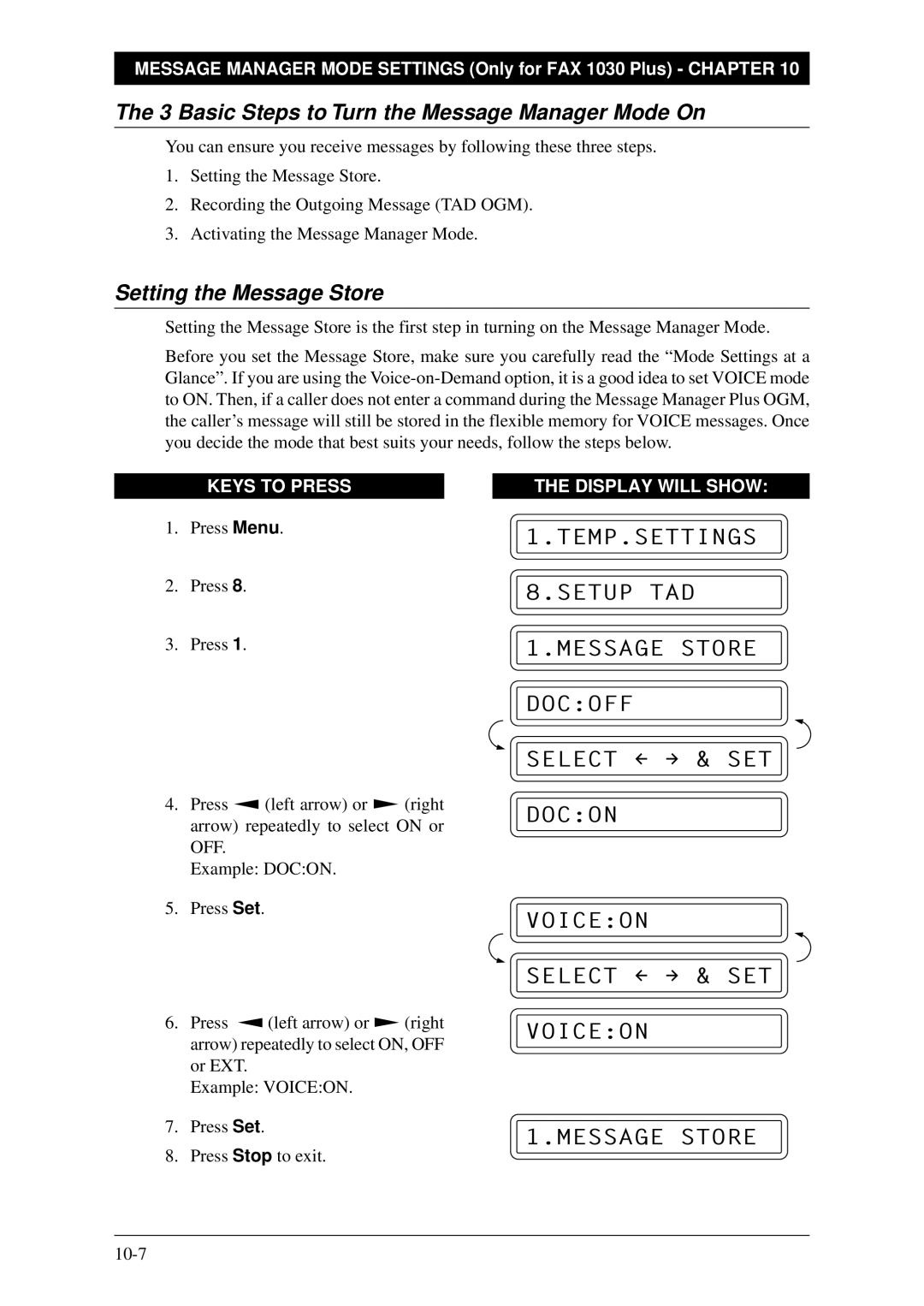 Brother Fax-1020Plus, FAX-1030Plus owner manual Basic Steps to Turn the Message Manager Mode On, Setting the Message Store 