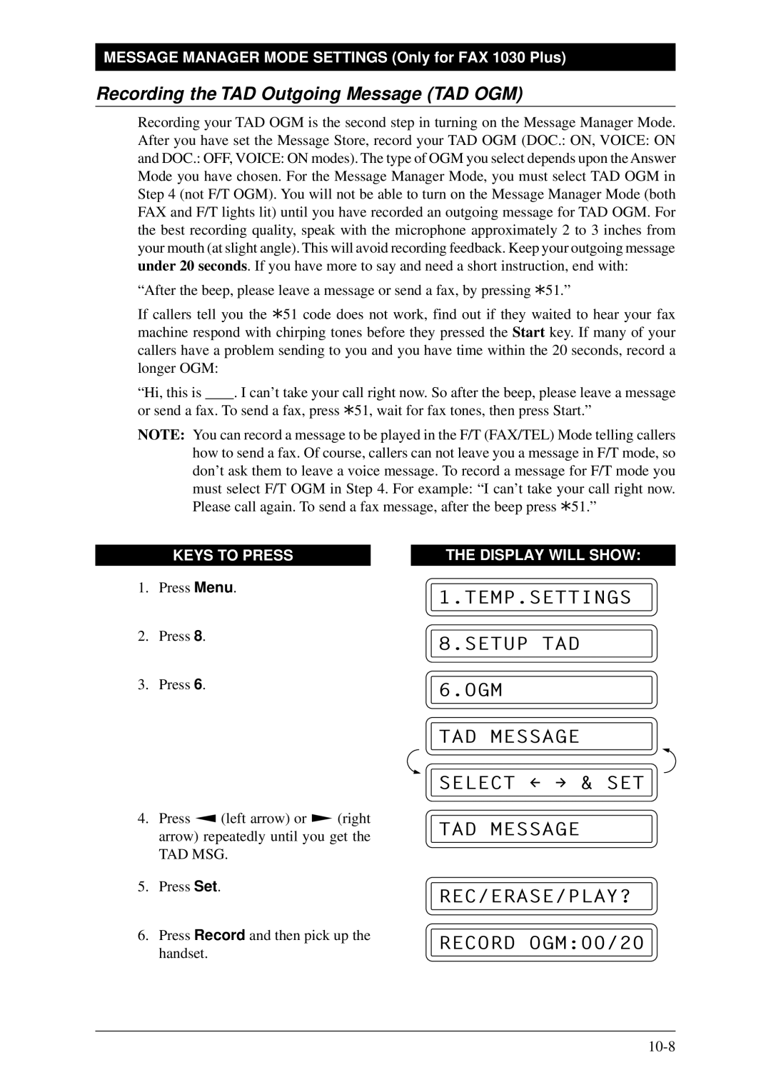 Brother FAX-1030Plus, Fax-1020Plus owner manual Recording the TAD Outgoing Message TAD OGM, Ogm, TAD Message 