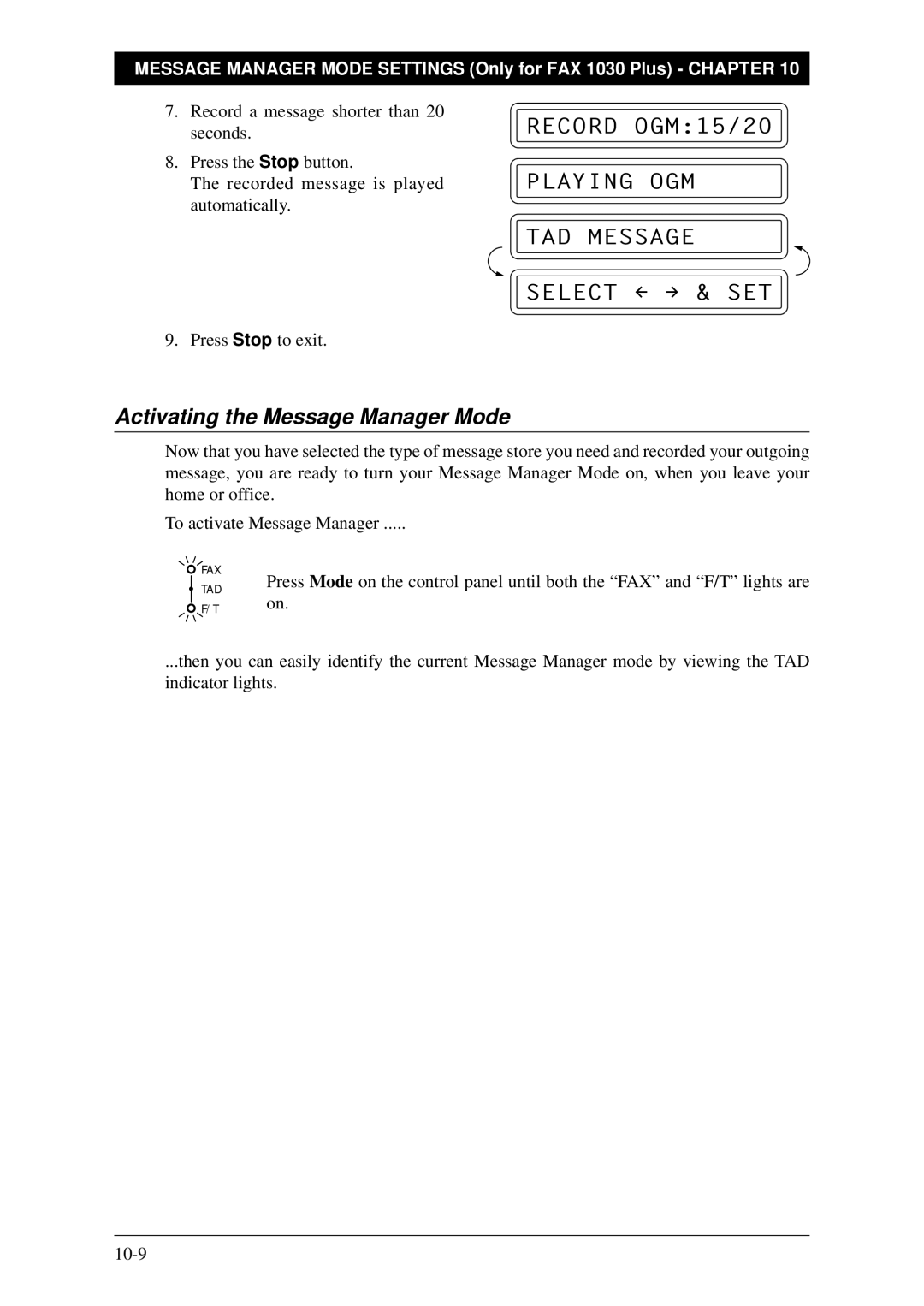 Brother Fax-1020Plus owner manual Record OGM15/20 Playing OGM TAD Message Select & SET, Activating the Message Manager Mode 