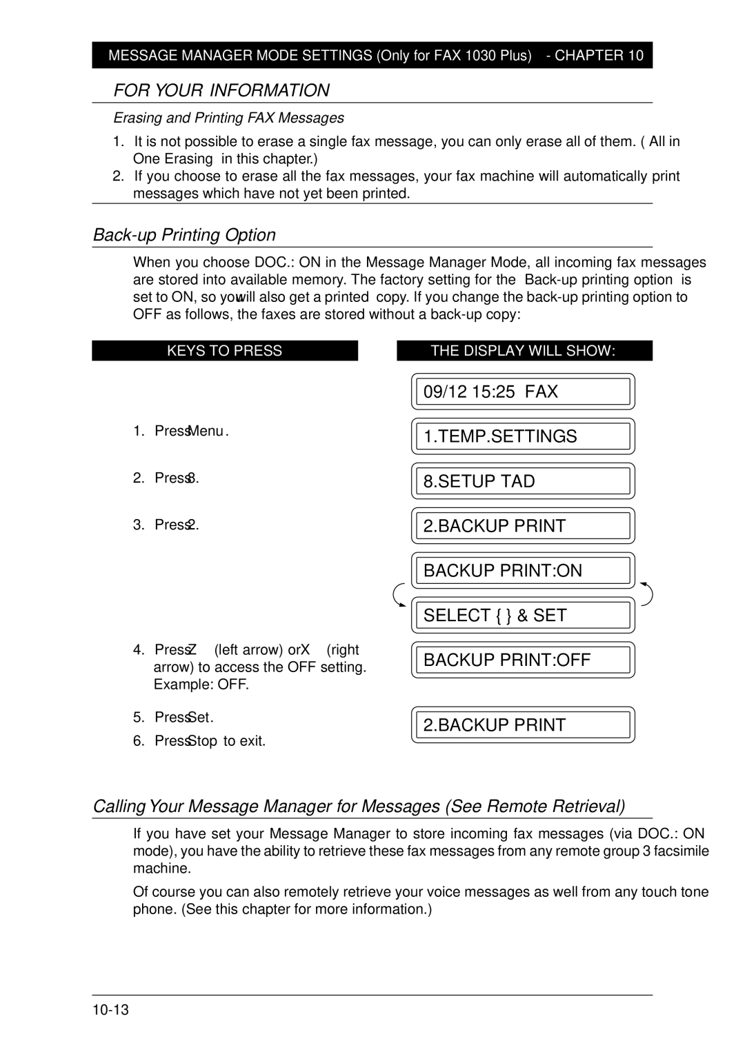 Brother Fax-1020Plus, FAX-1030Plus owner manual Back-up Printing Option, Erasing and Printing FAX Messages 