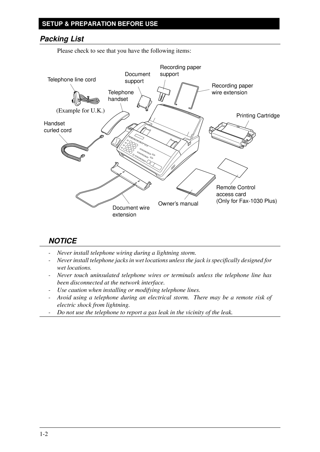 Brother Fax-1020Plus, FAX-1030Plus owner manual Packing List, Please check to see that you have the following items 