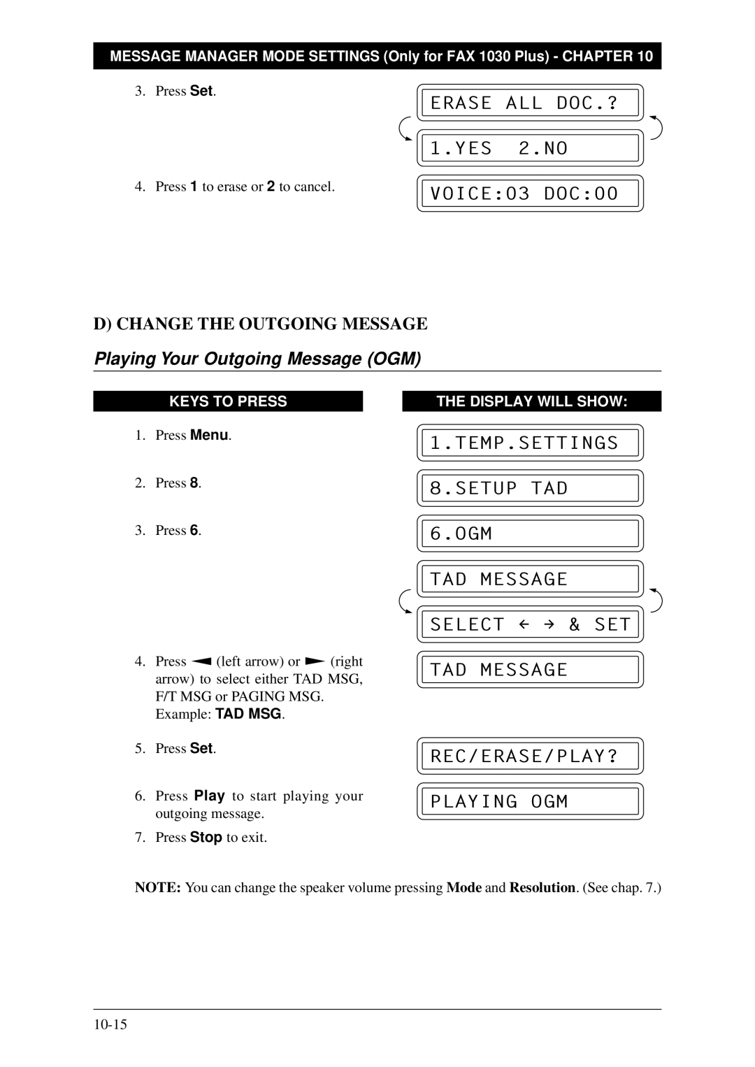 Brother Fax-1020Plus owner manual VOICE03 DOC00, Playing Your Outgoing Message OGM, TAD Message REC/ERASE/PLAY? Playing OGM 