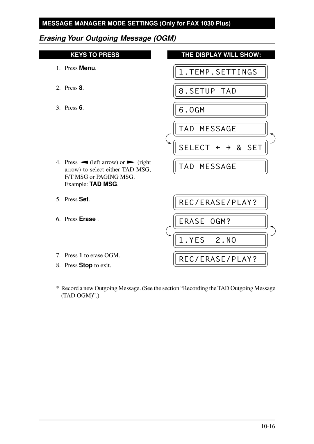 Brother FAX-1030Plus, Fax-1020Plus Erasing Your Outgoing Message OGM, TEMP.SETTINGS Setup TAD OGM TAD Message Select & SET 