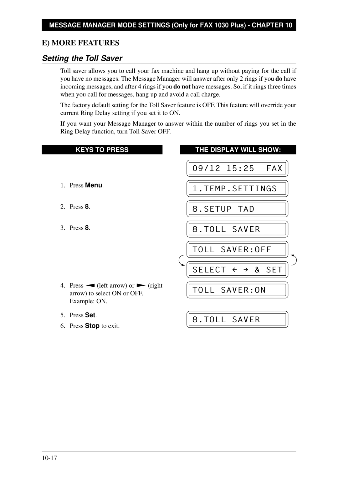 Brother Fax-1020Plus, FAX-1030Plus owner manual Setting the Toll Saver 