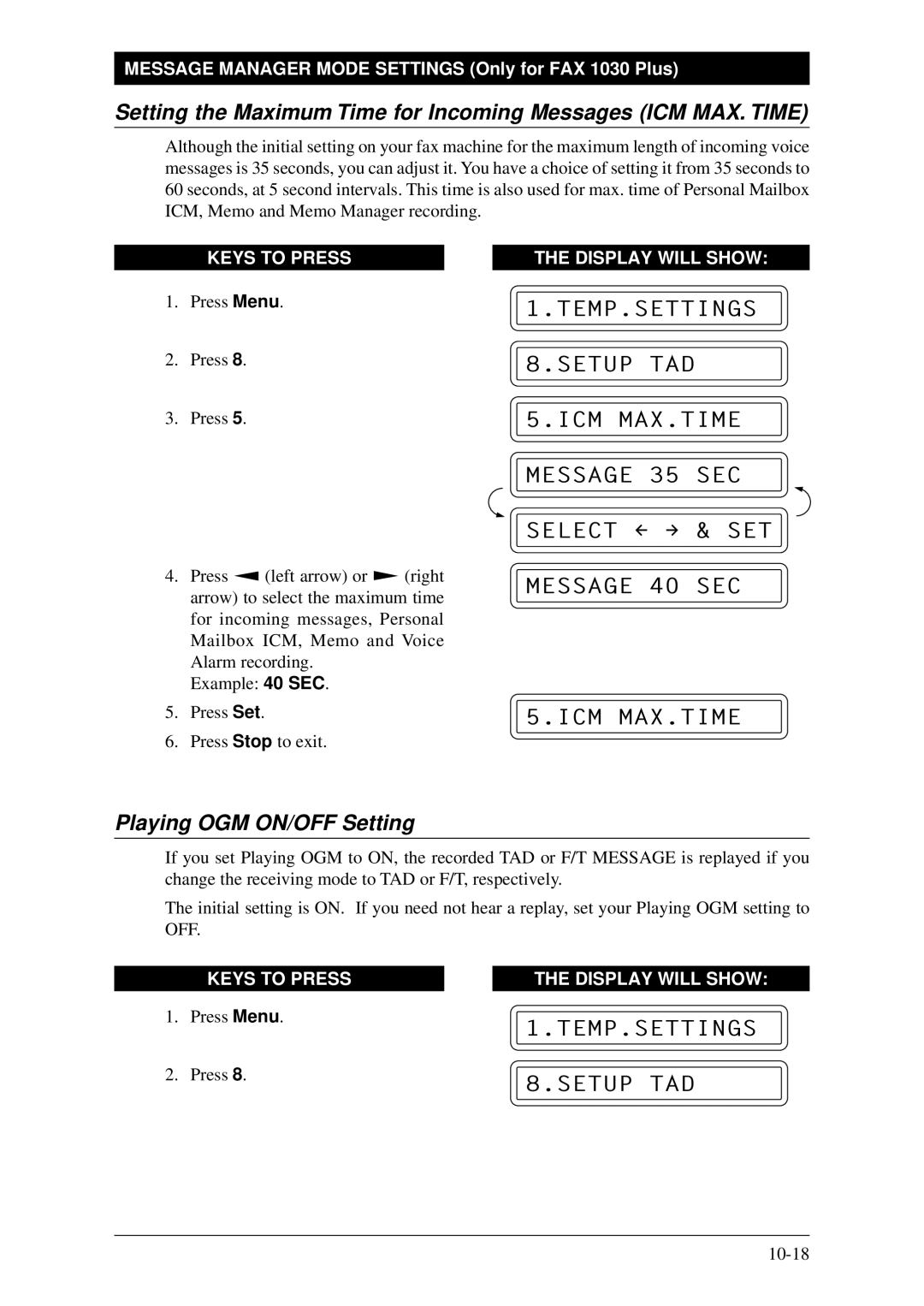 Brother FAX-1030Plus, Fax-1020Plus owner manual Playing OGM ON/OFF Setting, Message 40 SEC ICM MAX.TIME 