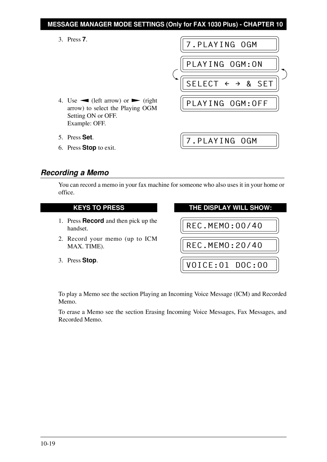 Brother Fax-1020Plus Playing OGM Playing Ogmon Select & SET, Recording a Memo, Playing Ogmoff Playing OGM, VOICE01 DOC00 