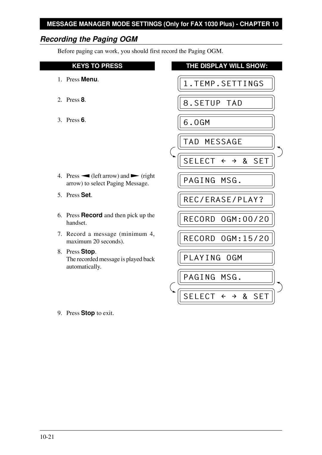 Brother Fax-1020Plus, FAX-1030Plus owner manual Recording the Paging OGM 