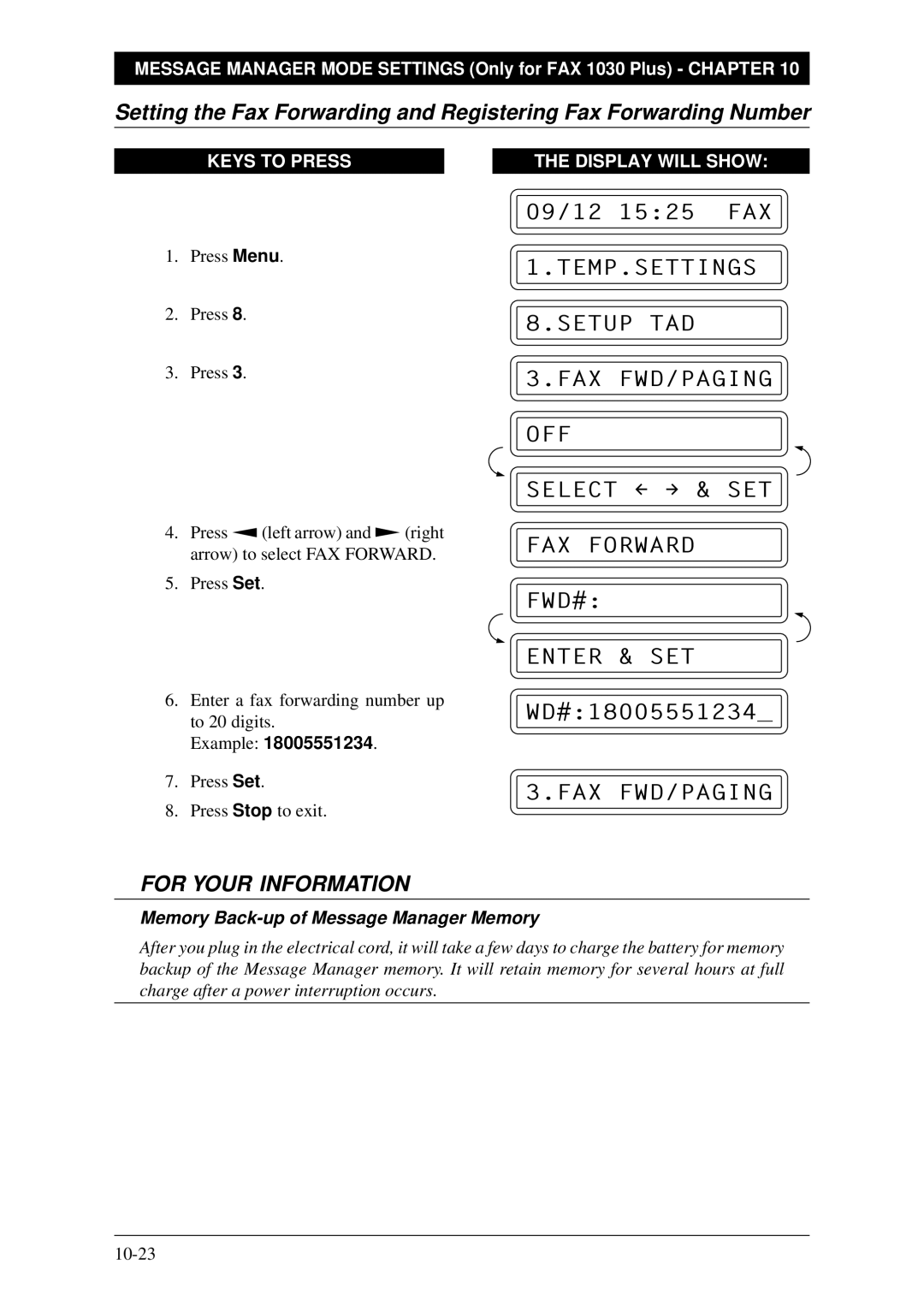 Brother Fax-1020Plus, FAX-1030Plus owner manual Memory Back-up of Message Manager Memory 