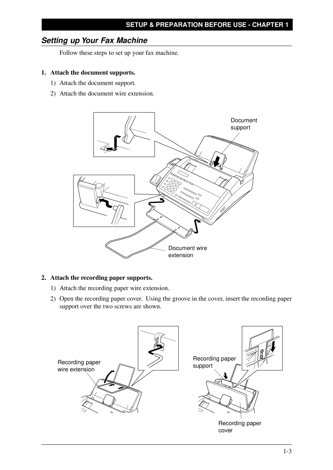 Brother FAX-1030Plus Setting up Your Fax Machine, Attach the document supports, Attach the recording paper supports 