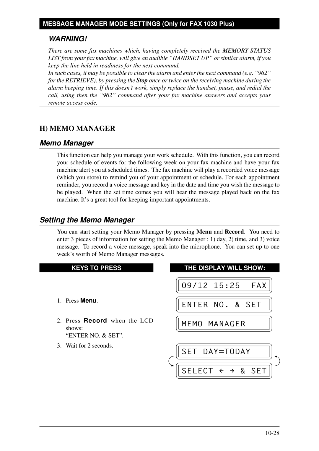 Brother FAX-1030Plus, Fax-1020Plus Setting the Memo Manager, Enter NO. & SET Memo Manager SET DAY=TODAY Select & SET 