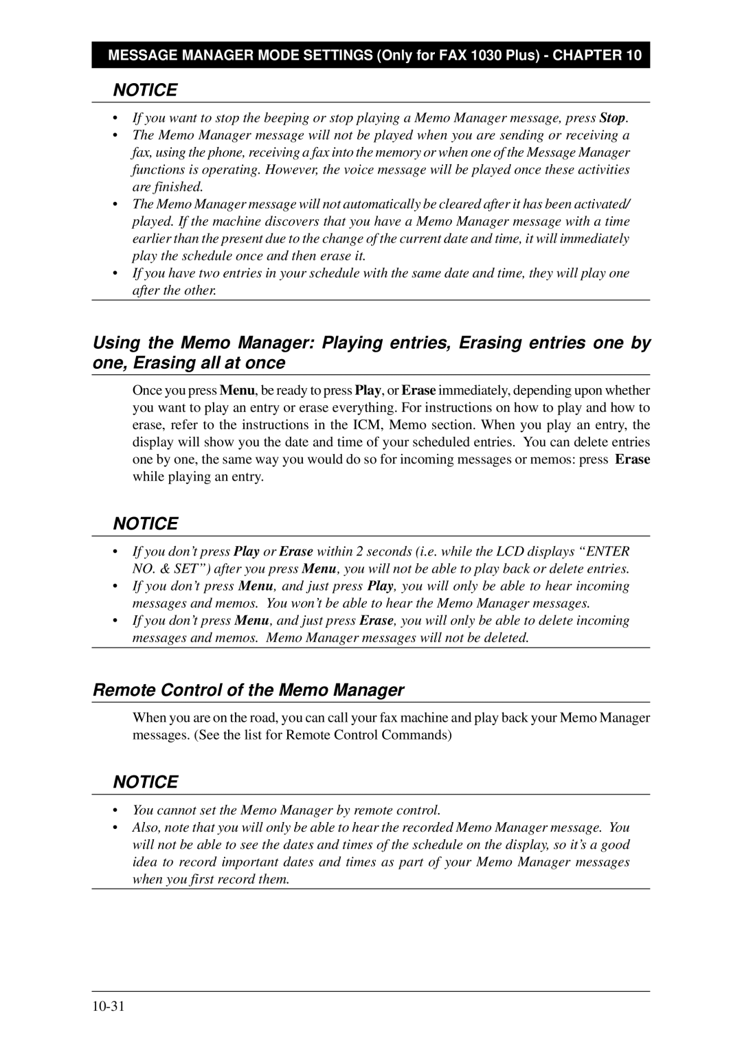 Brother Fax-1020Plus, FAX-1030Plus owner manual Remote Control of the Memo Manager 