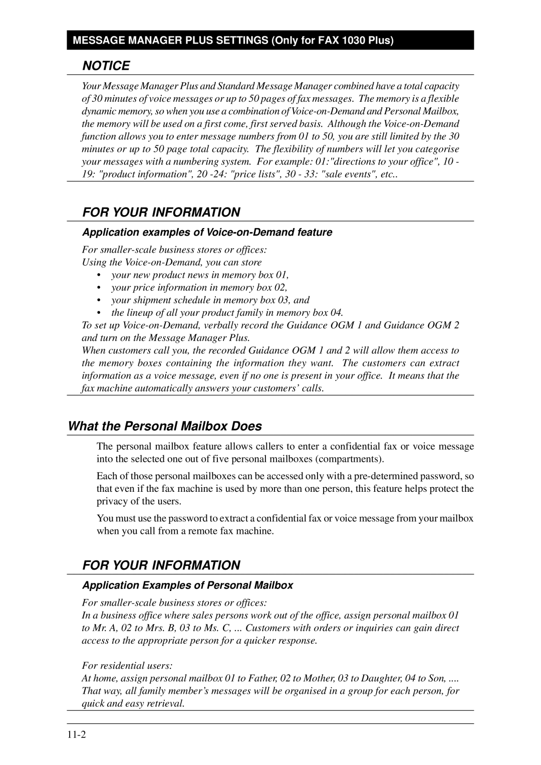 Brother Fax-1020Plus, FAX-1030Plus What the Personal Mailbox Does, Application examples of Voice-on-Demand feature 