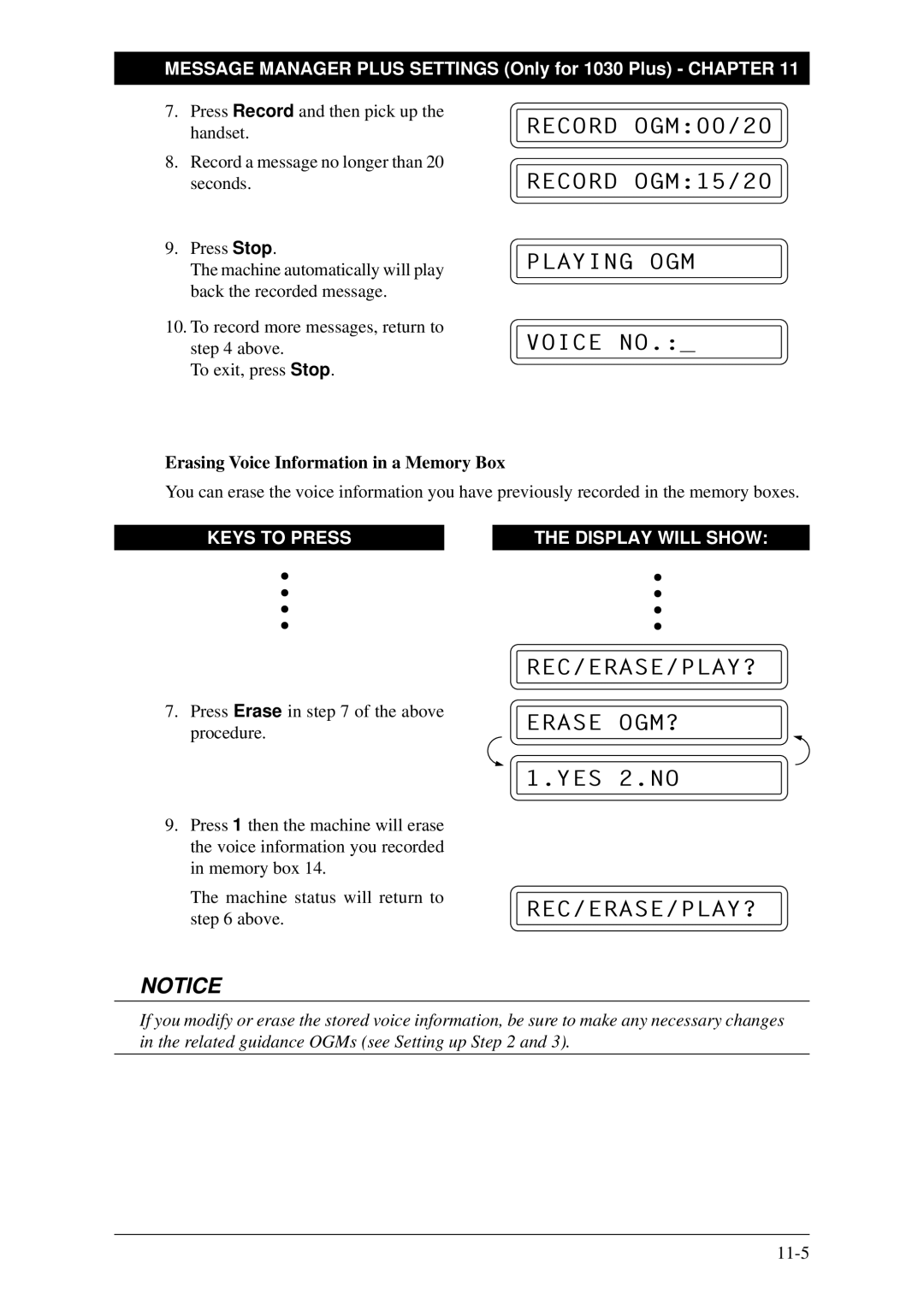 Brother FAX-1030Plus, Fax-1020Plus owner manual Record OGM00/20 Record OGM15/20 Playing OGM, REC/ERASE/PLAY? Erase OGM? 