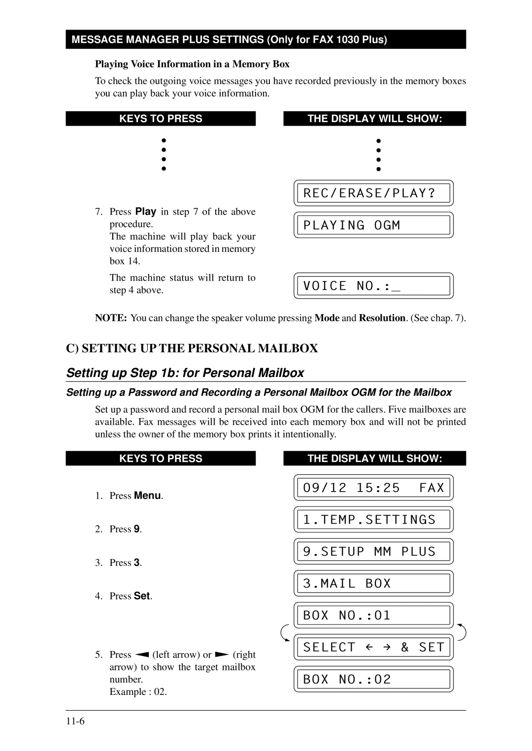 Brother Fax-1020Plus, FAX-1030Plus owner manual REC/ERASE/PLAY? Playing OGM Voice no, Setting up b for Personal Mailbox 