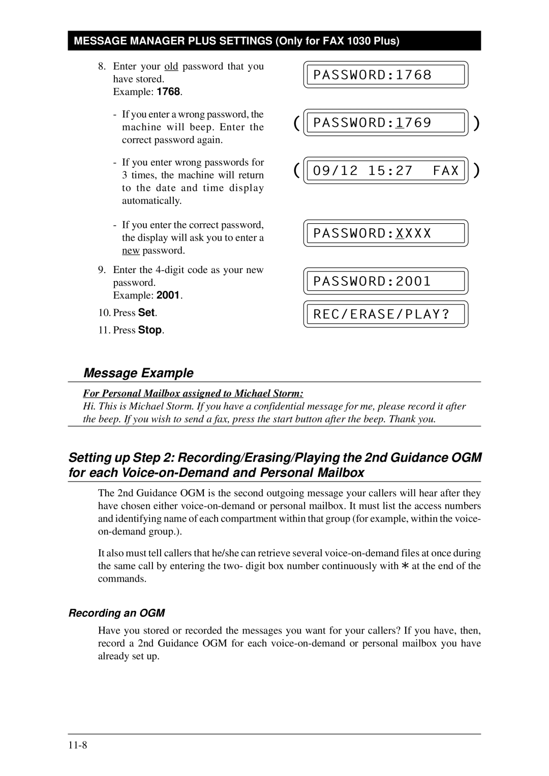 Brother Fax-1020Plus, FAX-1030Plus owner manual Message Example, Recording an OGM 