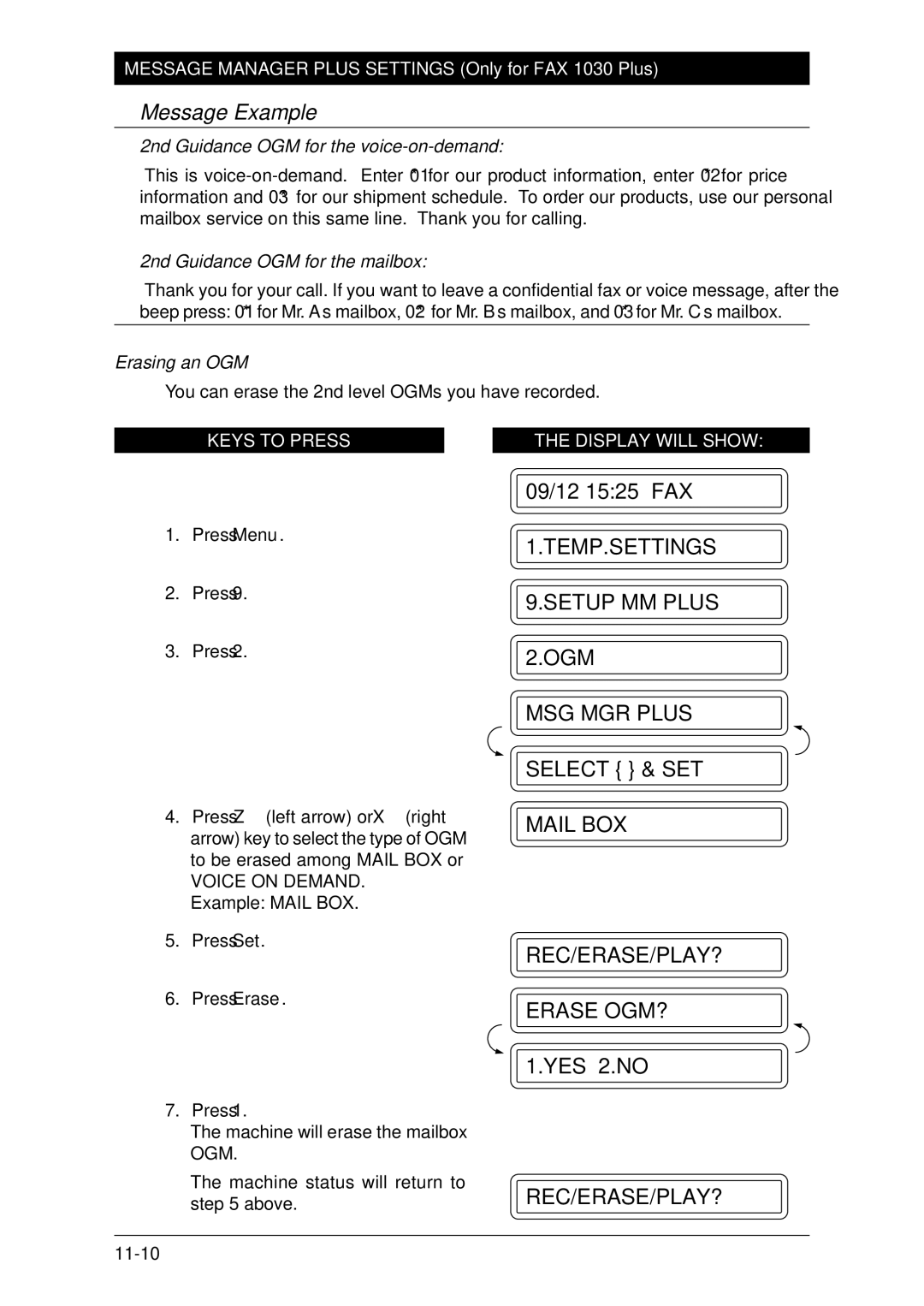 Brother Fax-1020Plus 2nd Guidance OGM for the voice-on-demand, 2nd Guidance OGM for the mailbox, Erasing an OGM 