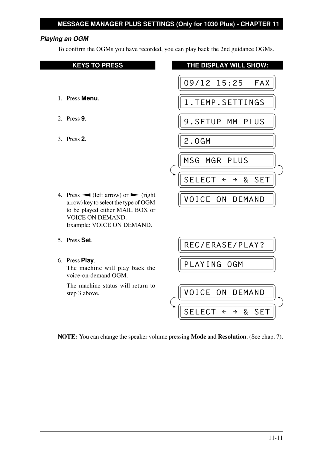 Brother FAX-1030Plus, Fax-1020Plus owner manual Playing an OGM 