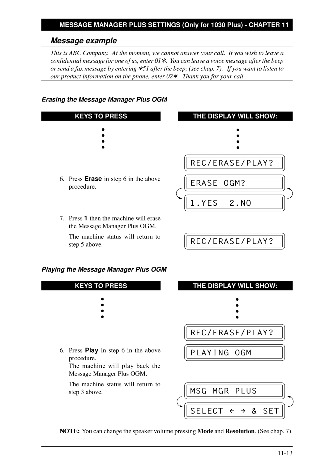 Brother FAX-1030Plus REC/ERASE/PLAY? Playing OGM MSG MGR Plus Select & SET, Playing the Message Manager Plus OGM 