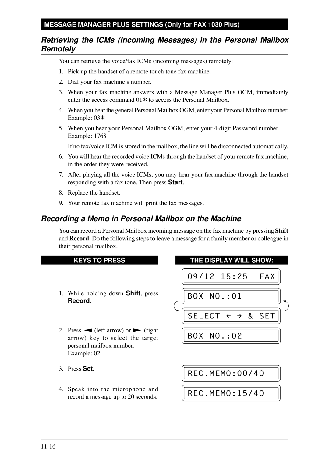 Brother Fax-1020Plus, FAX-1030Plus owner manual Recording a Memo in Personal Mailbox on the Machine 