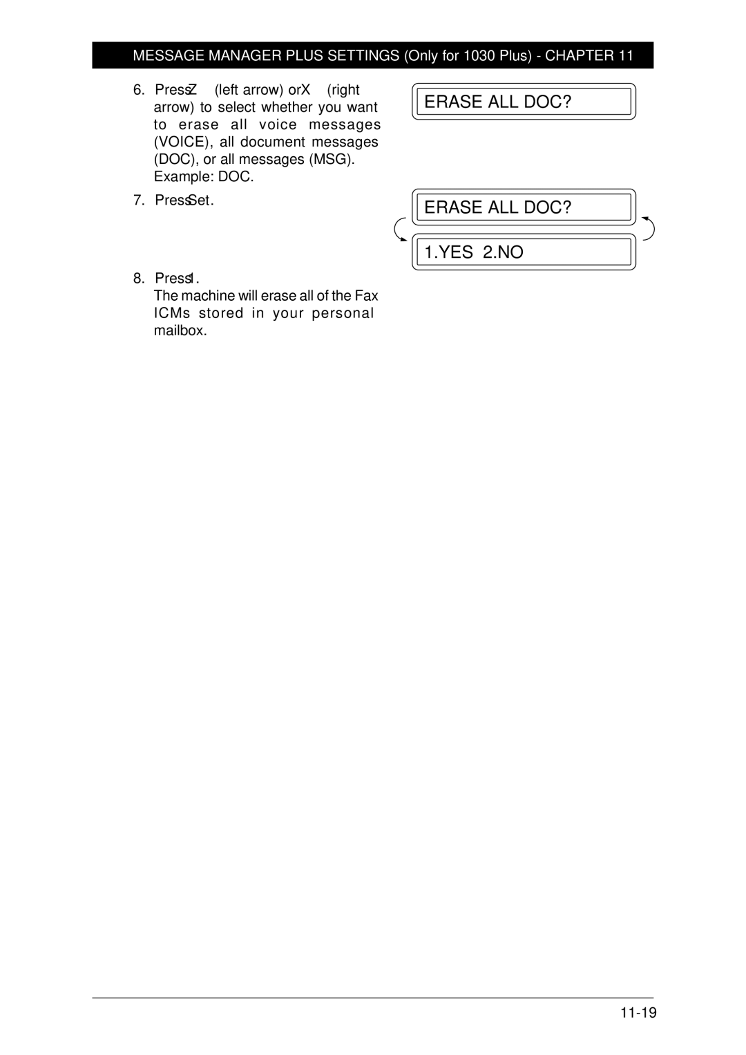 Brother FAX-1030Plus, Fax-1020Plus owner manual Erase ALL DOC? Erase ALL DOC? 1.YES 2.NO 