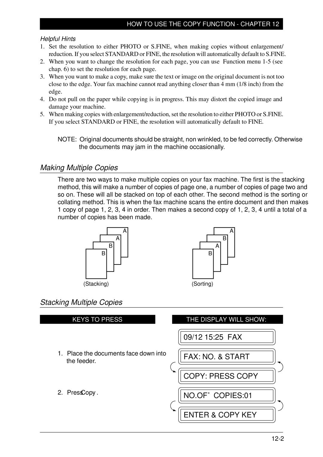 Brother FAX-1030Plus, Fax-1020Plus owner manual Making Multiple Copies, Stacking Multiple Copies 