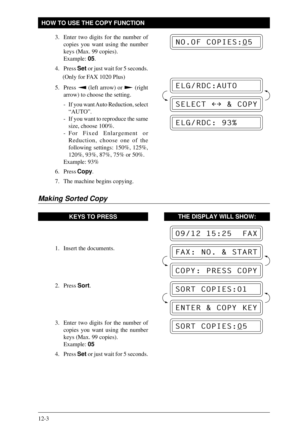 Brother Fax-1020Plus, FAX-1030Plus owner manual NO.OF COPIES05 ELG/RDCAUTO Select & Copy, Making Sorted Copy 