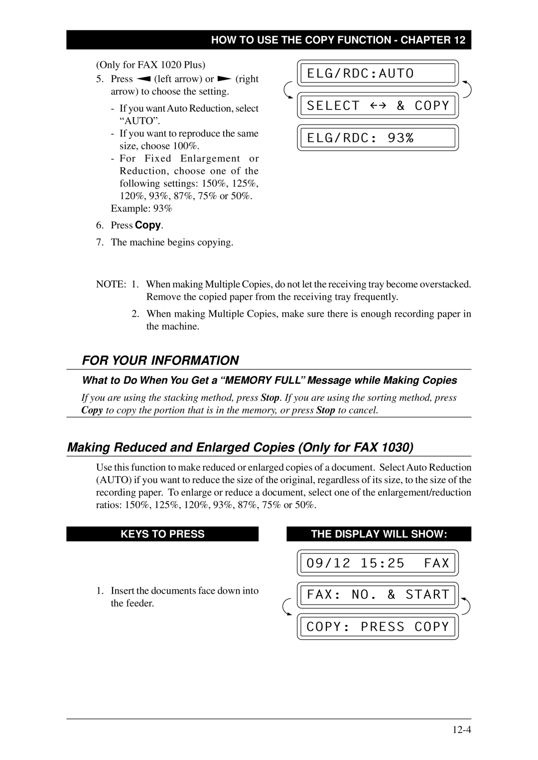 Brother FAX-1030Plus, Fax-1020Plus owner manual ELG/RDCAUTO Select & Copy, Making Reduced and Enlarged Copies Only for FAX 