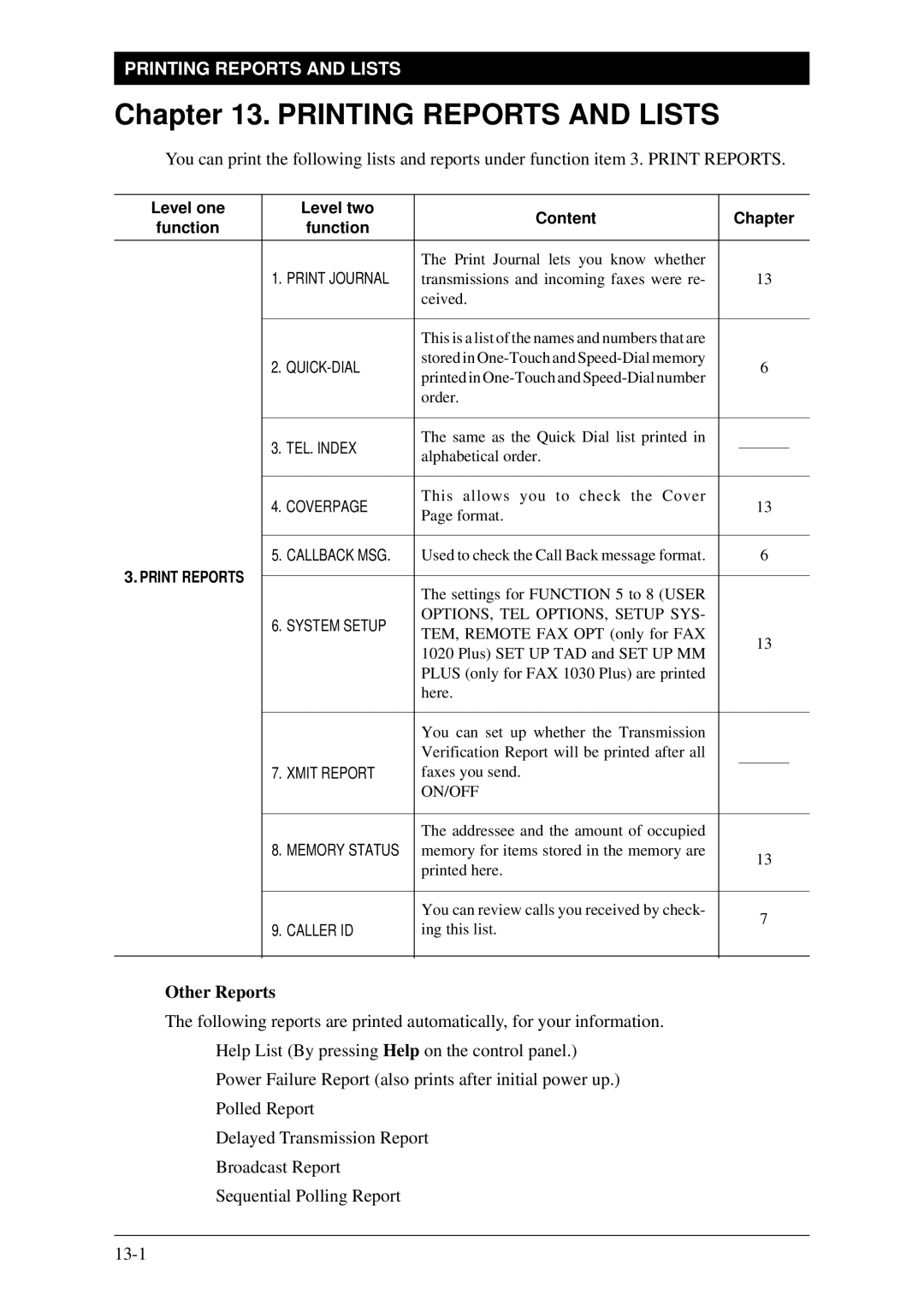 Brother Fax-1020Plus, FAX-1030Plus owner manual Printing Reports and Lists, Other Reports 