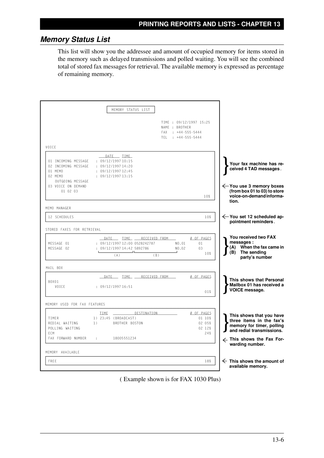 Brother FAX-1030Plus, Fax-1020Plus owner manual Memory Status List, Time S 