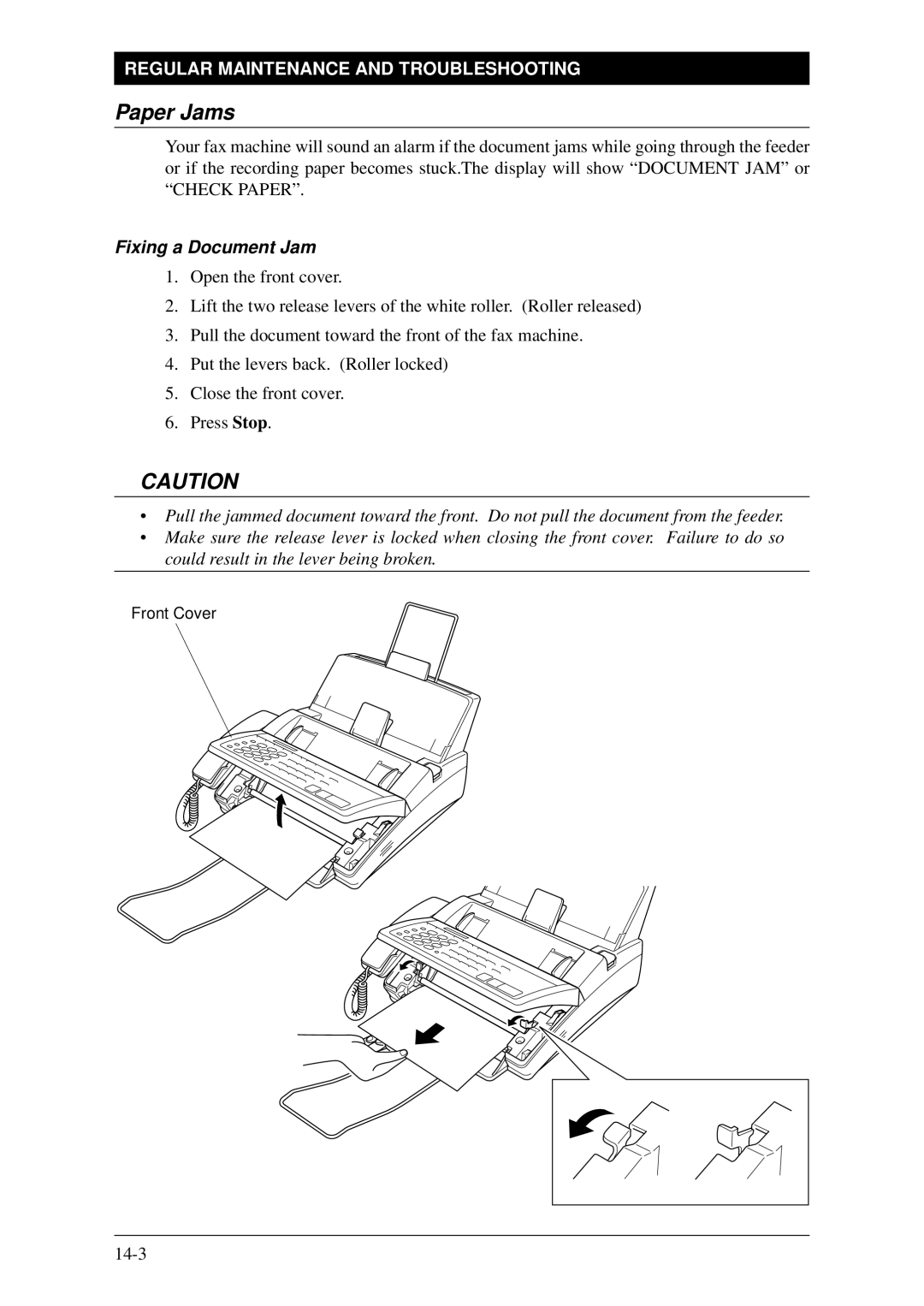 Brother Fax-1020Plus, FAX-1030Plus owner manual Paper Jams, Fixing a Document Jam 