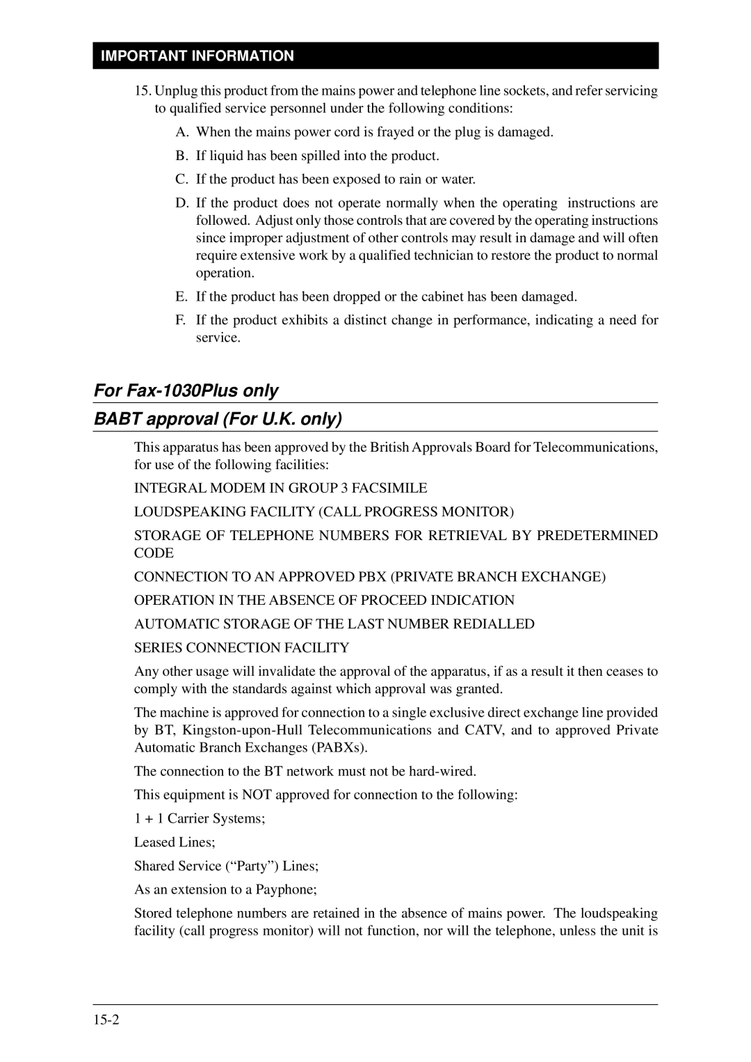 Brother Fax-1020Plus, FAX-1030Plus owner manual For Fax-1030Plus only Babt approval For U.K. only, Important Information 