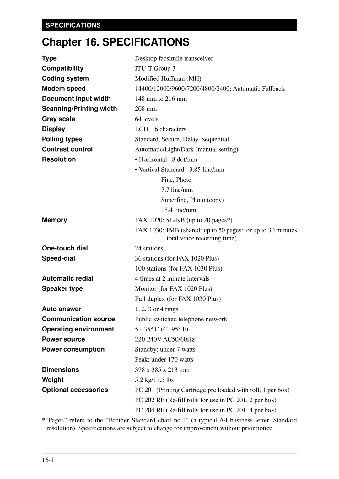 Brother Fax-1020Plus, FAX-1030Plus owner manual Specifications, Resolution 