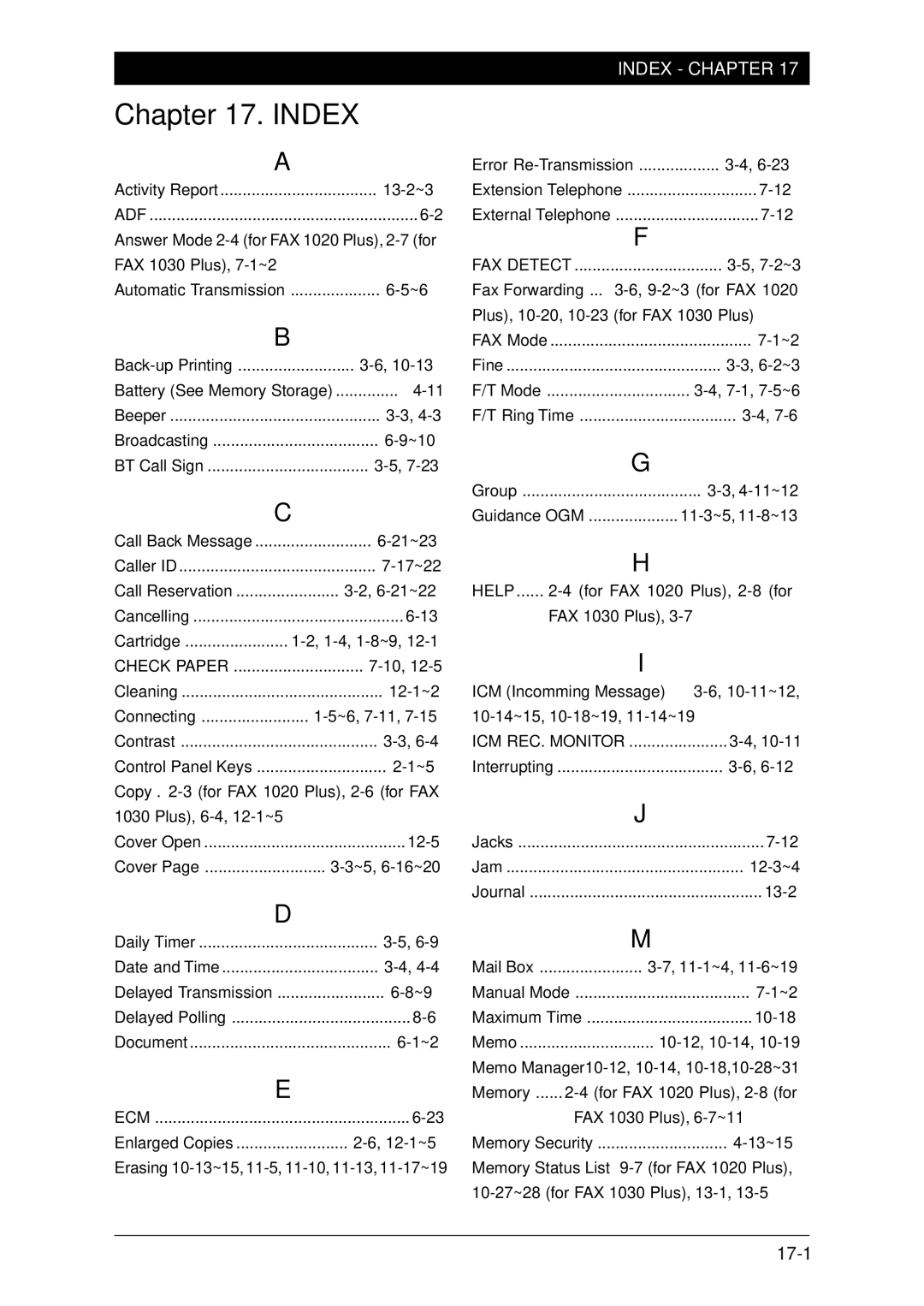 Brother FAX-1030Plus, Fax-1020Plus owner manual Index, Help 