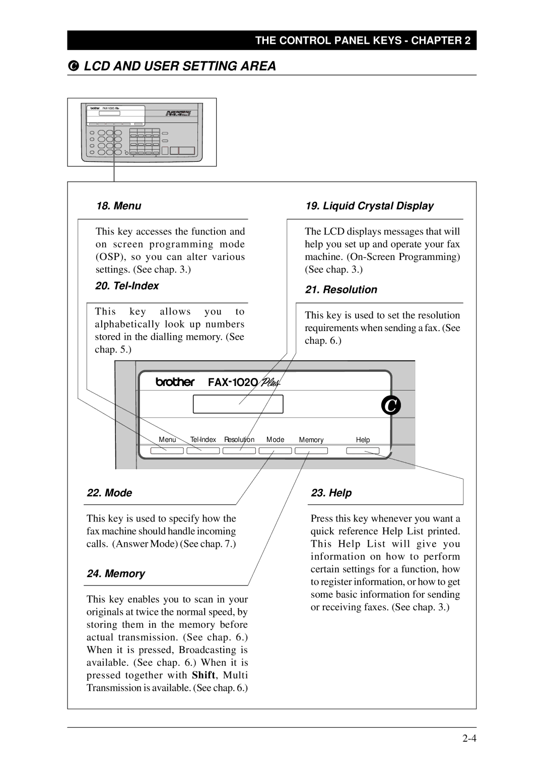 Brother FAX-1030Plus, Fax-1020Plus owner manual LCD and User Setting Area 