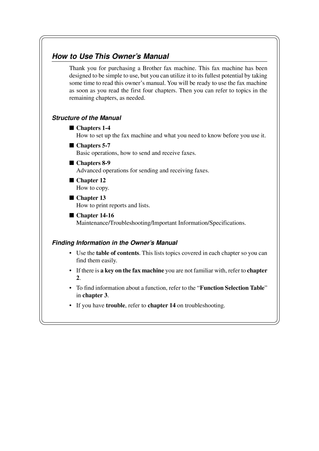 Brother FAX-1030Plus, Fax-1020Plus owner manual Structure of the Manual, Chapters, How to copy Chapter 