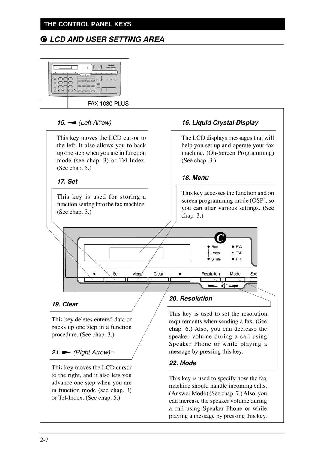 Brother Fax-1020Plus, FAX-1030Plus owner manual Set Menu Clear Resolution Mode 