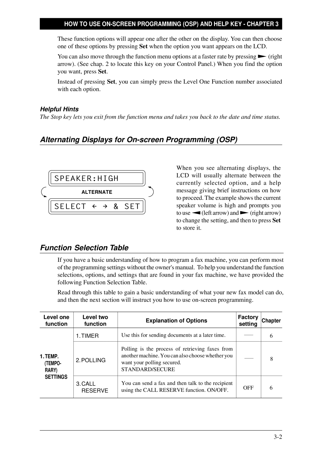 Brother FAX-1030Plus Alternating Displays for On-screen Programming OSP, Speakerhigh, Select & SET, Helpful Hints 