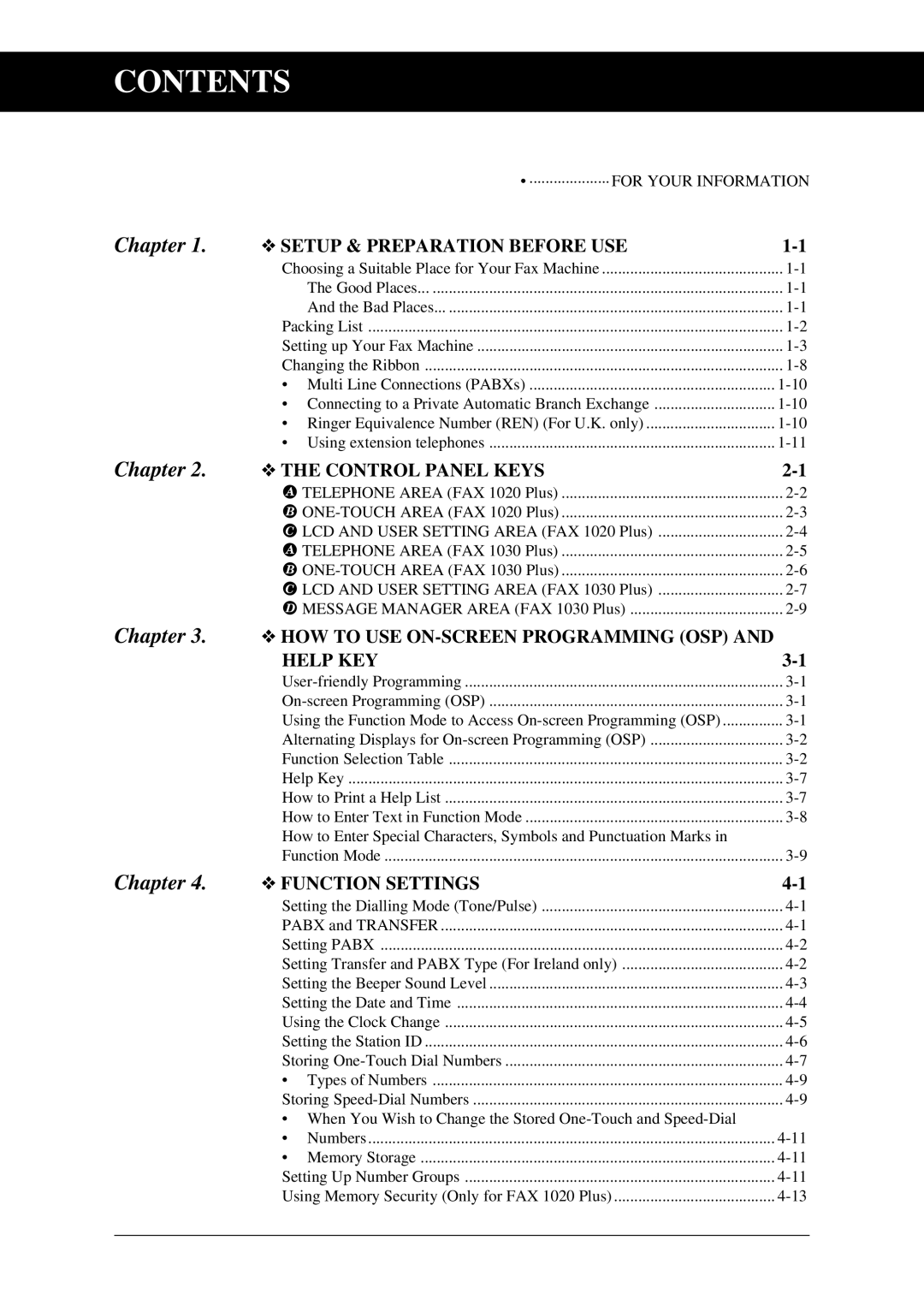 Brother Fax-1020Plus, FAX-1030Plus owner manual Contents 