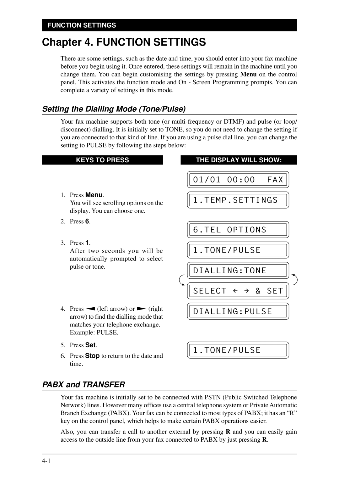 Brother Fax-1020Plus, FAX-1030Plus owner manual Function Settings, Setting the Dialling Mode Tone/Pulse, Pabx and Transfer 