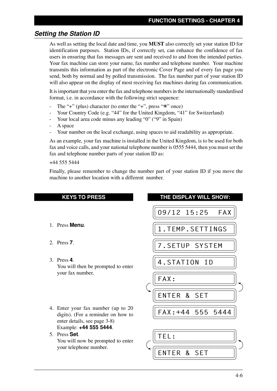 Brother FAX-1030Plus Setting the Station ID, TEMP.SETTINGS Setup System Station ID, FAX Enter & SET, TEL Enter & SET 