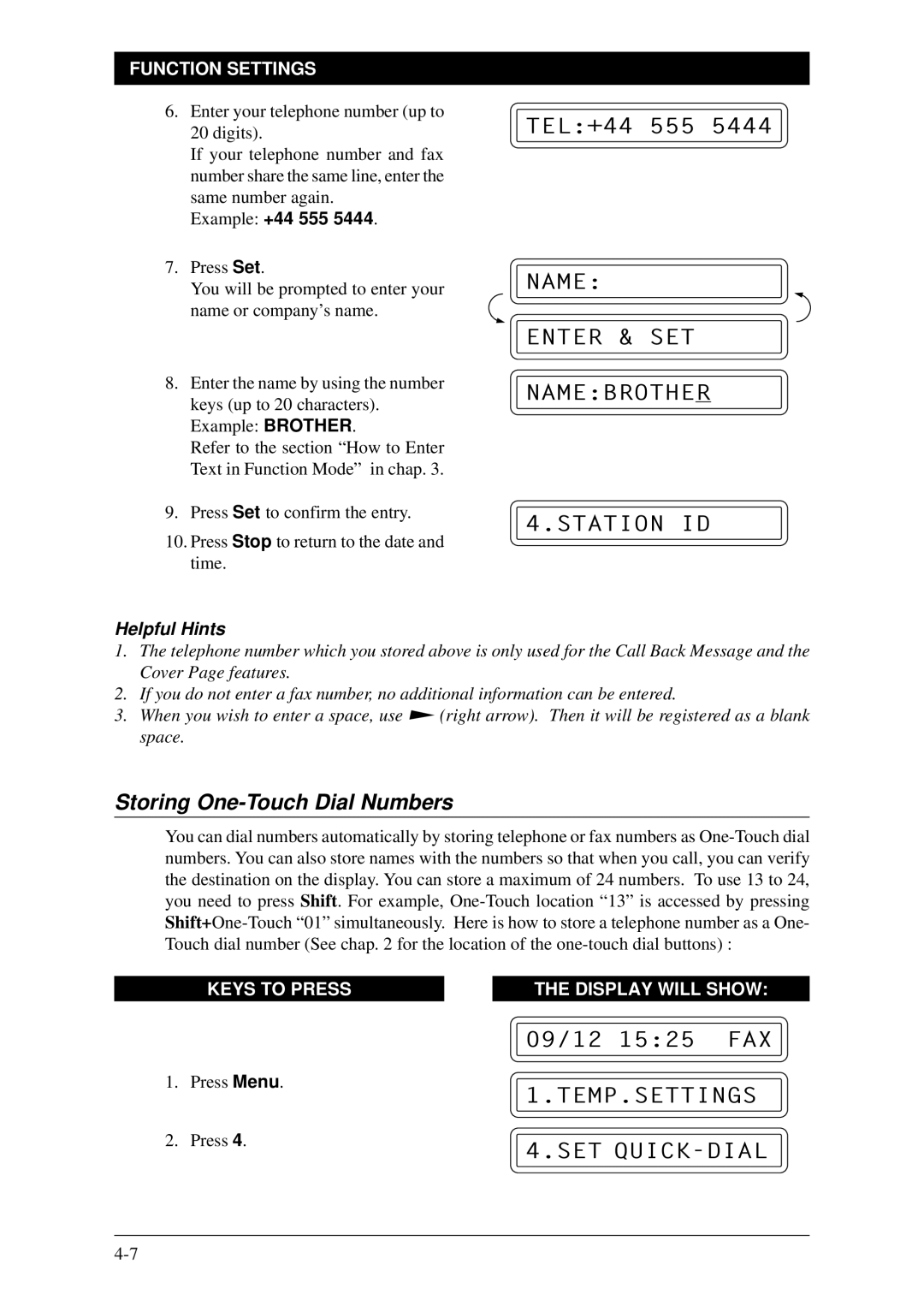 Brother Fax-1020Plus Enter & SET Namebrother, Storing One-Touch Dial Numbers, TEMP.SETTINGS Setê QUICK-DIAL 